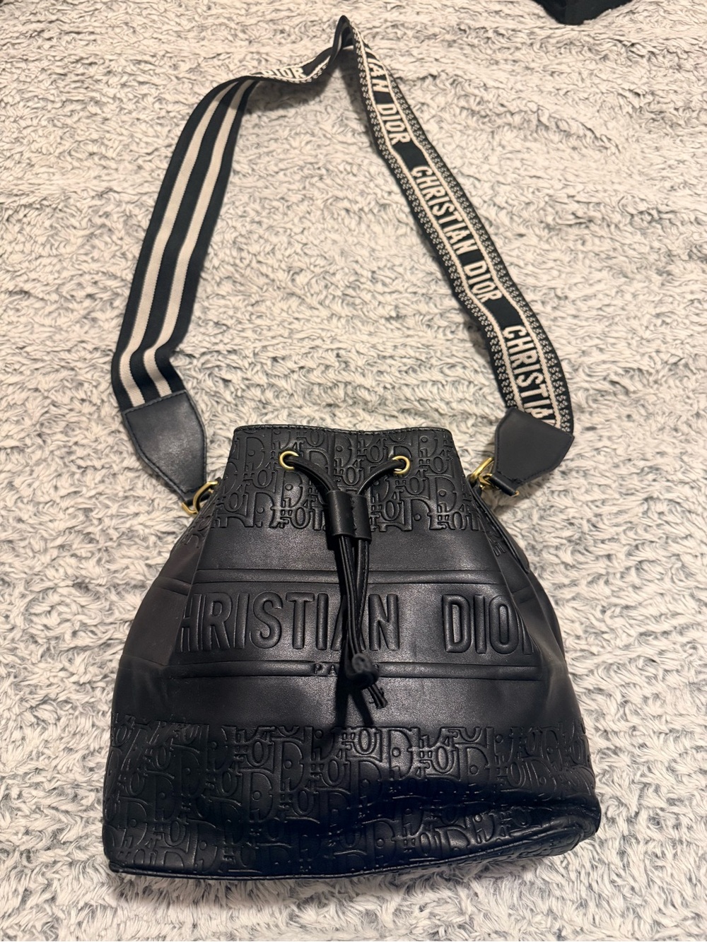 Black Embossed Leather Drawstring Crossbody Bag
